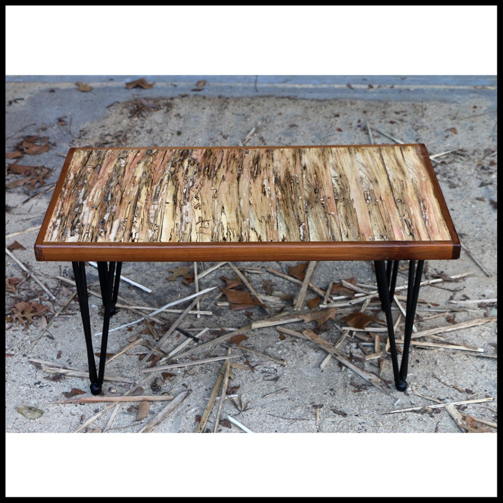rustic homemade wood table old logs, spalted, cut strips panels