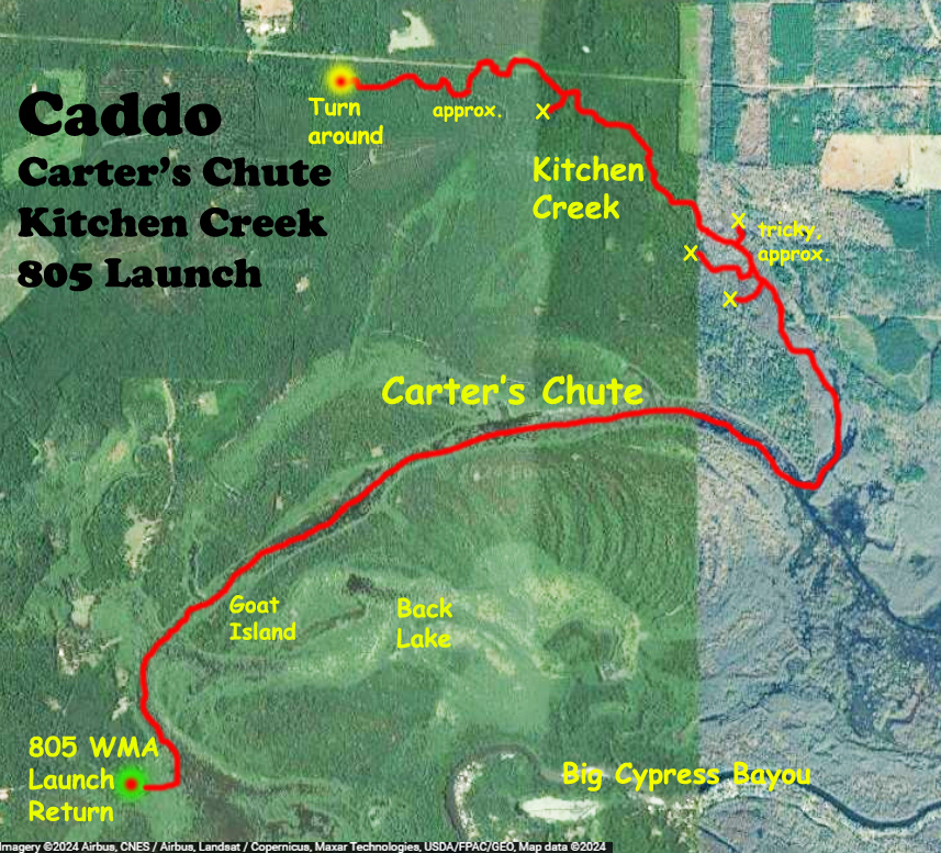 Scenery paddle kayak Caddo Lake Kitchen Creek map