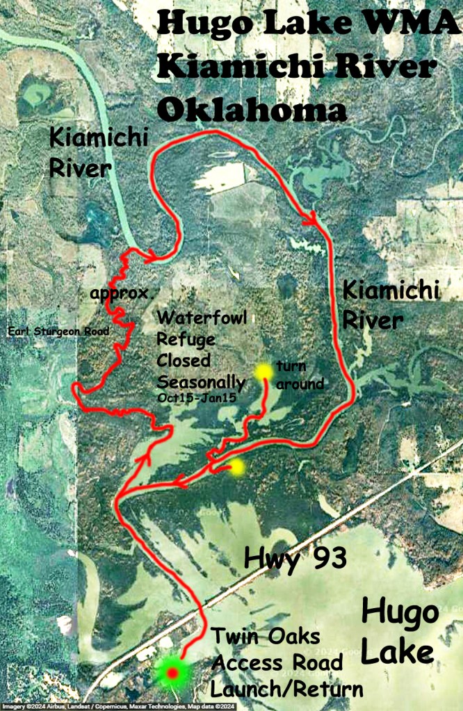Kayak Paddle Map Route Hugo Lake WMA Kiamichi River Oklahoma www.SawdustRiver.com