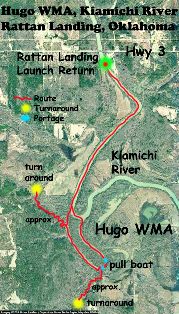 Kayak Paddle Route Map Hugo WMA, Kiamichi River, Rattan Landing, OK C www.SawdustRiver.com