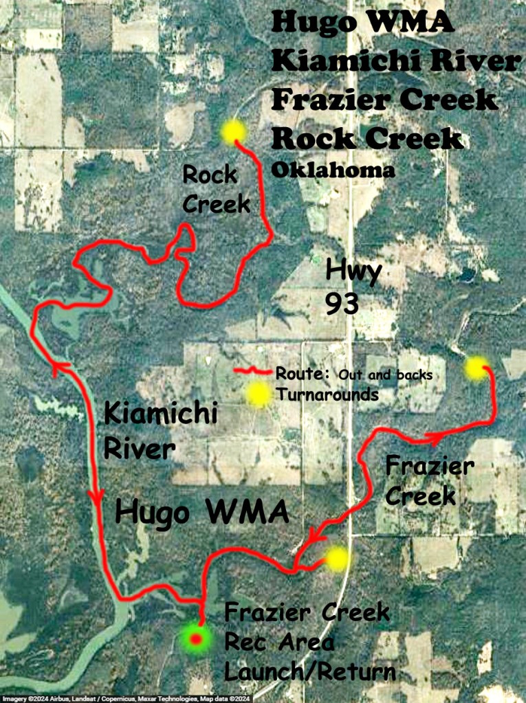 Kayak Paddle Route Map Hugo WMA, Kiamichi River, Frazier Creek, Rock Creek Oklahoma www.SawdustRiver.com