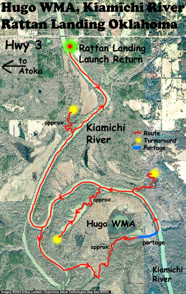 Kayak Paddle Route Map Hugo WMA, Kiamichi River, Rattan Landing, OK B www.SawdustRiver.com