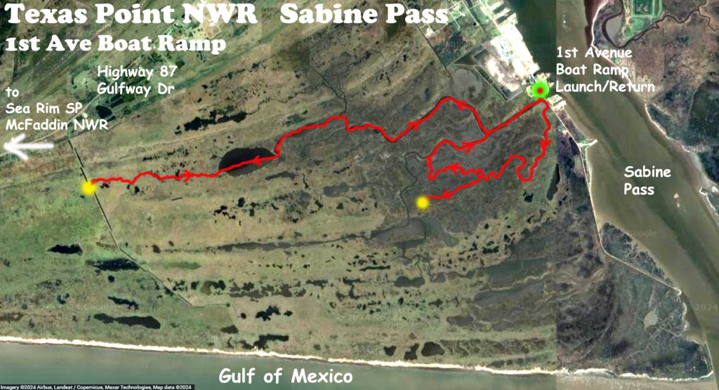 Kayak Paddle Map Route Texas Point NWR, Sabine Pass www.SawdustRiver.com