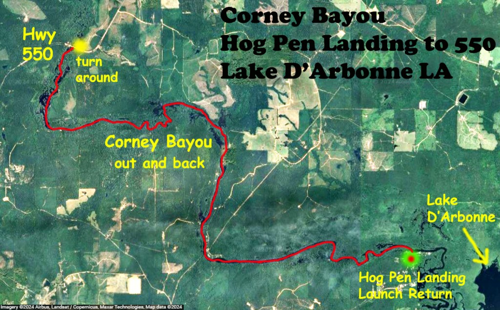 kayak route map Corney Bayou, Hog Pen Landing to 550, Lousiana www.SawdustRiver.com