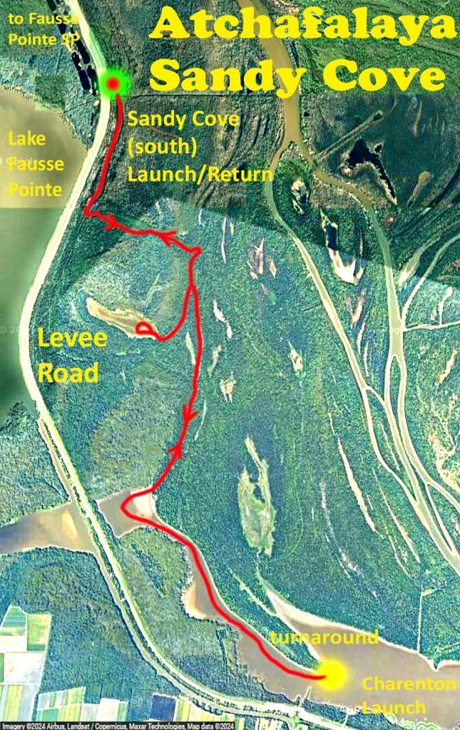 kayak map route Atcharalaya Sandy Cove Launch www.SawdustRiver.com