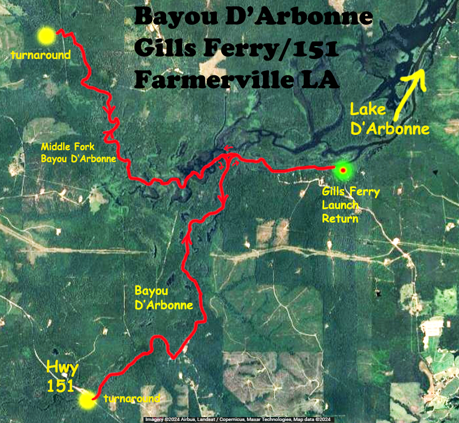 kayak route map D'Arbonne Bayou, Gills Ferry Launch www.SawdustRiver.com