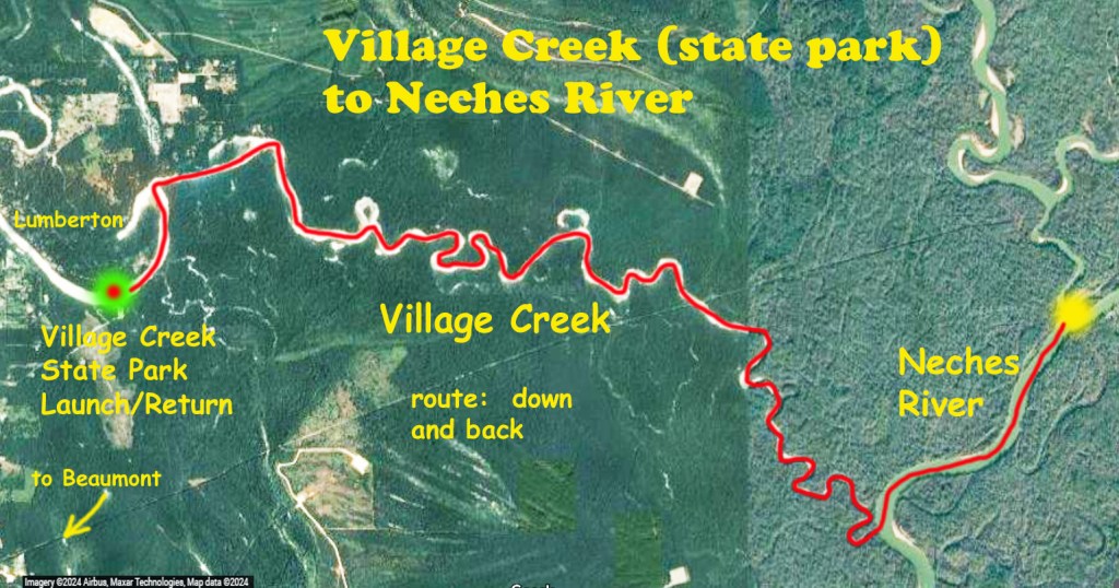 kayak paddle route map Village Creek (state park), Neches River, www.SawdustRiver.com