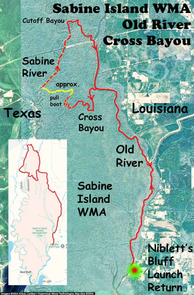 kayak paddle route map Sabine Island WMA, Cross Bayou, Old RIver, Nibletts Bluff www.SawdustRiver.com