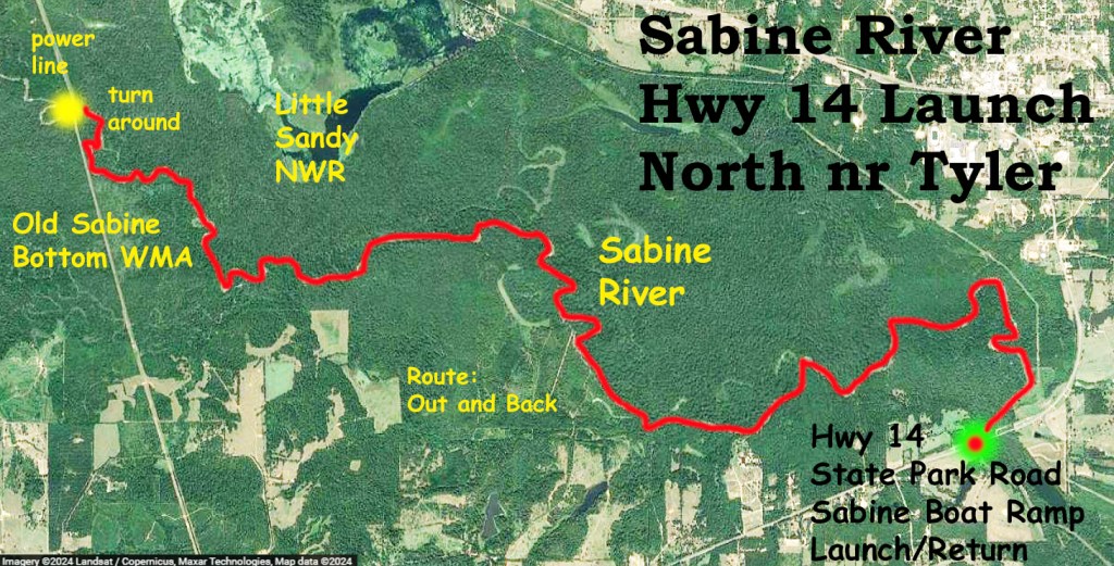 kayak route map Sabine River, Hwy 14 Launch, Tyler www.SawdustRiver.com
