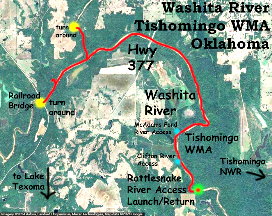 kayak route map Washita River, Tishomingo WMA, Rattlesnake River Access www.SawdustRiver.com