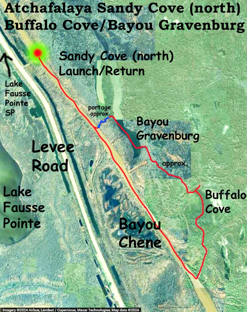 kayak route map Atchafalaya, Sandy Cove, Buffalo Cove, Bayou Gravenberg www.SawdustRiver.com