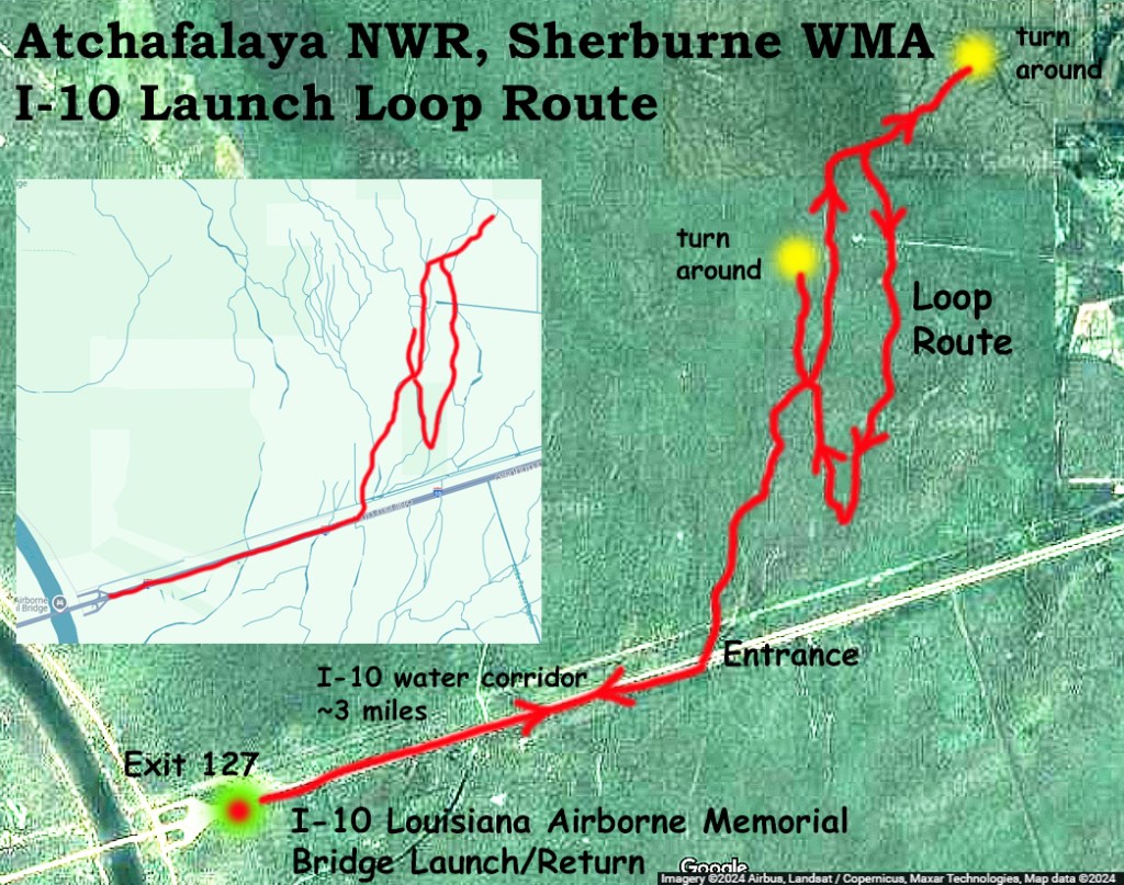 kayak map route Atchafalaya NWR Sherburne WMA I-10 Launch B www.SawdustRiver.com