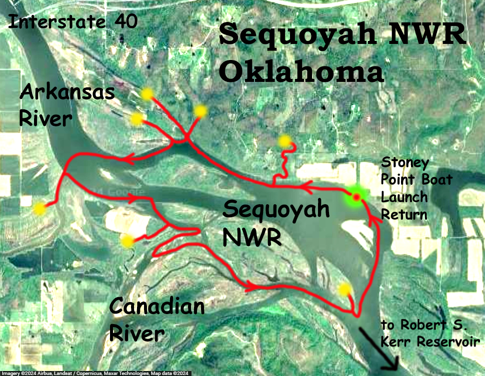 kayak paddle route map Sequoyah NWR, Oklahoma www.SawdustRiver.com
