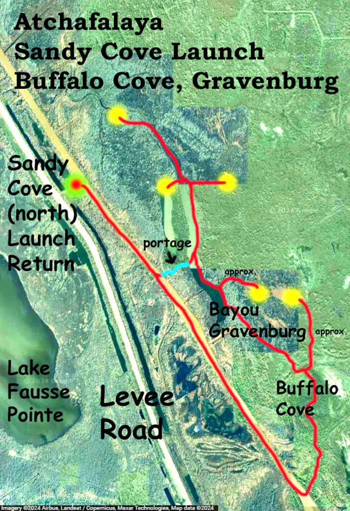 kayak route map Atchafalaya, Sandy Cove, Buffalo Cove, Bayou Gravenburg www.SawdustRiver.com