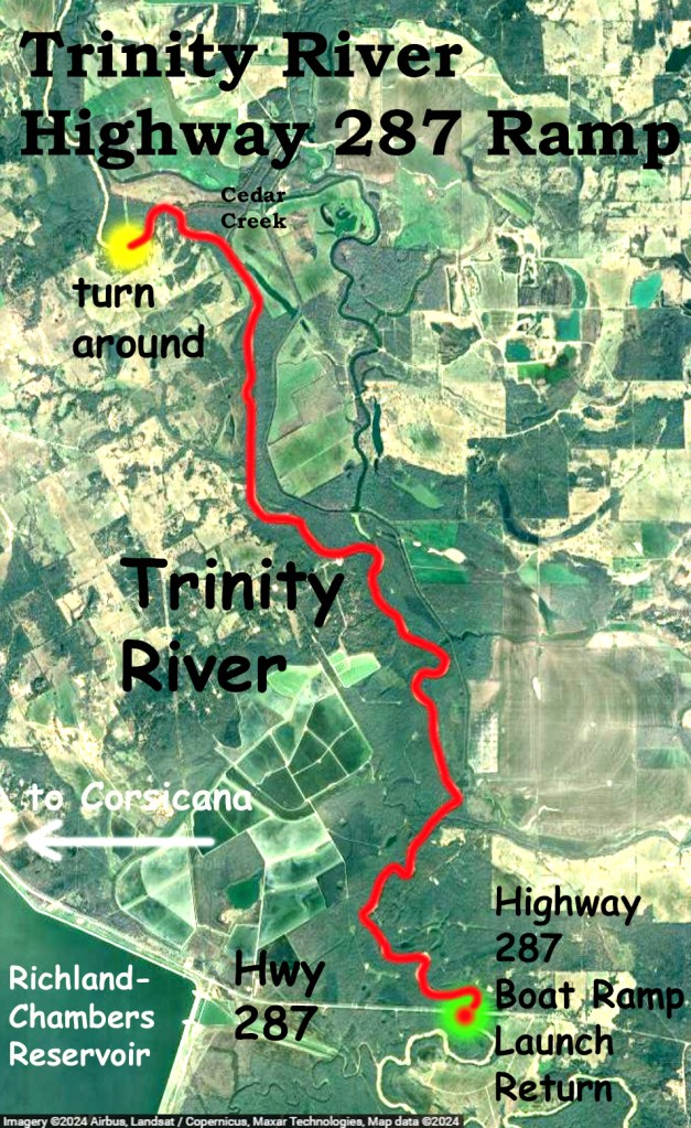kayak map route Trinity River, Highway 287 Ramp, Corsicana www.SawdustRiver.com