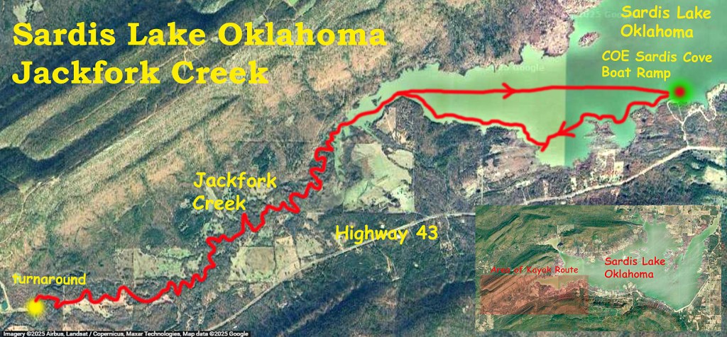 kayak paddle route map Sardis Lake, Jackfork Creek, Oklahoma www.SawdustRiver.com