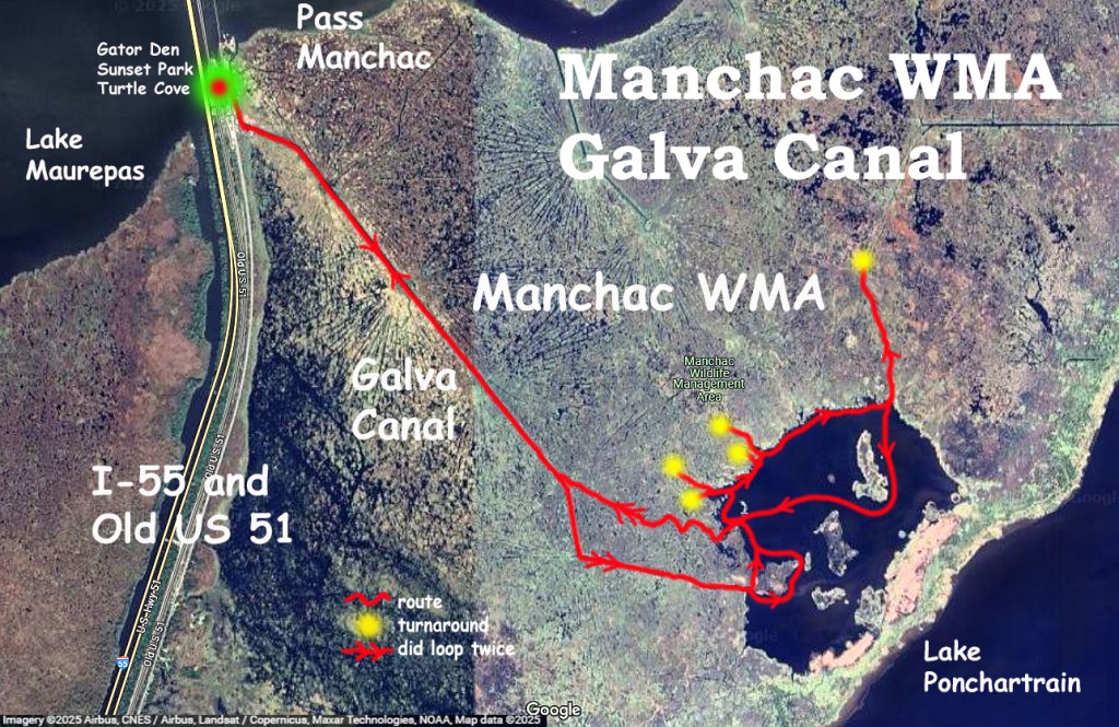 kayak map route trail Manchac WMA, Galva Canal, Lake Maurepas, Old US51 www.SawdustRiver.com