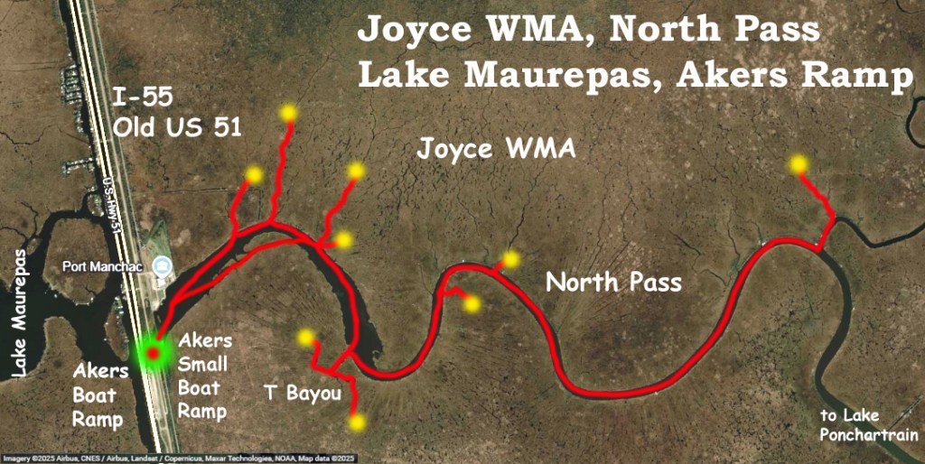 kayak map route trail Joyce WMA, Akers Launch, North Pass, Old US51, Louisiana www.SawdustRiver.com