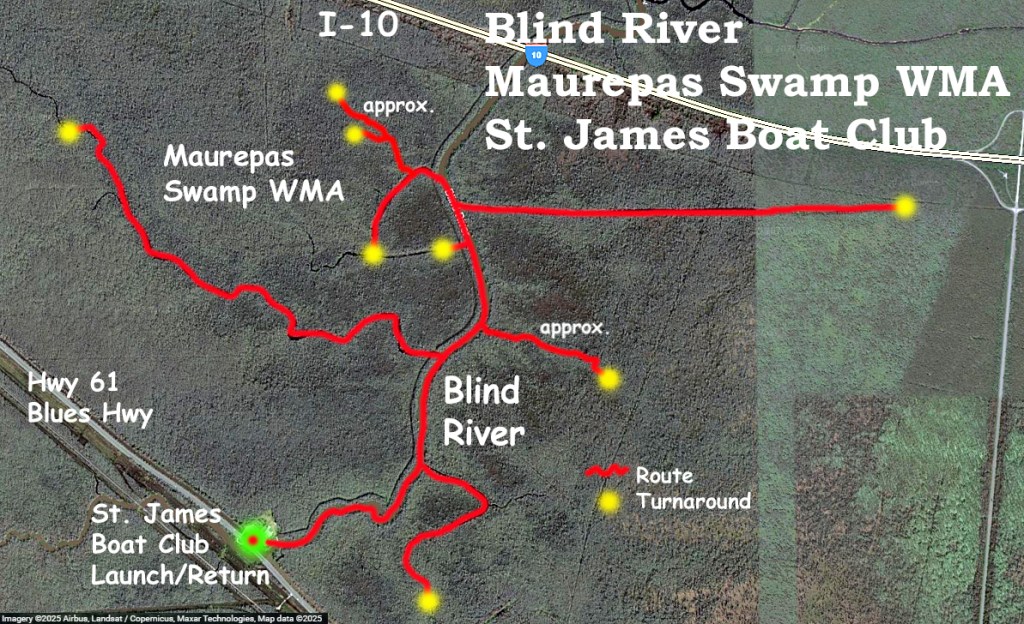 kayak paddle map route Blind River, Maurepas Swamp WMA, St. James Boat Club, Louisiana www.SawdustRiver.com