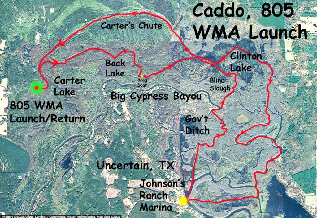 kayak route map Caddo, Uncertain, 805 WMA Launch Johnson's Ranch www.SawdustRiver.com