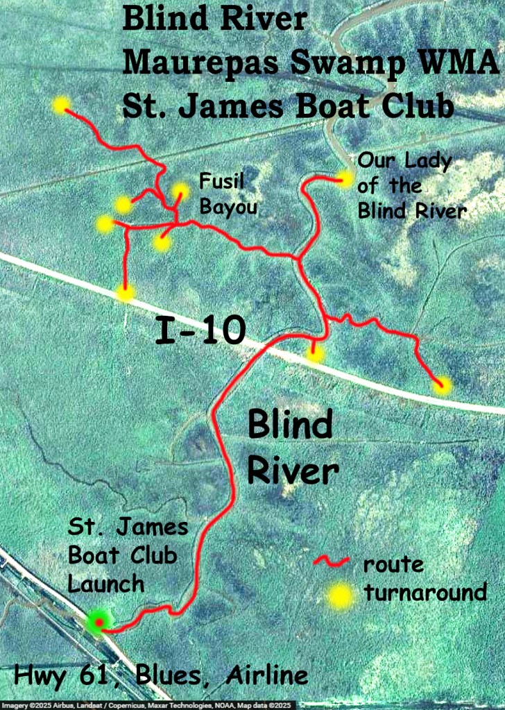 kayak map route Blind River, Maurepas Swamp WMA, St. James Boat Club Launch www.SawdustRiver.com