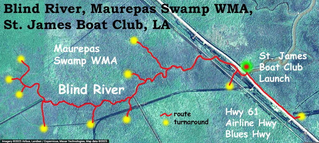 kayak route map Blind River, Maurepas Swamp WMA, St. James Boat Club Launch www.SawdustRiver.com