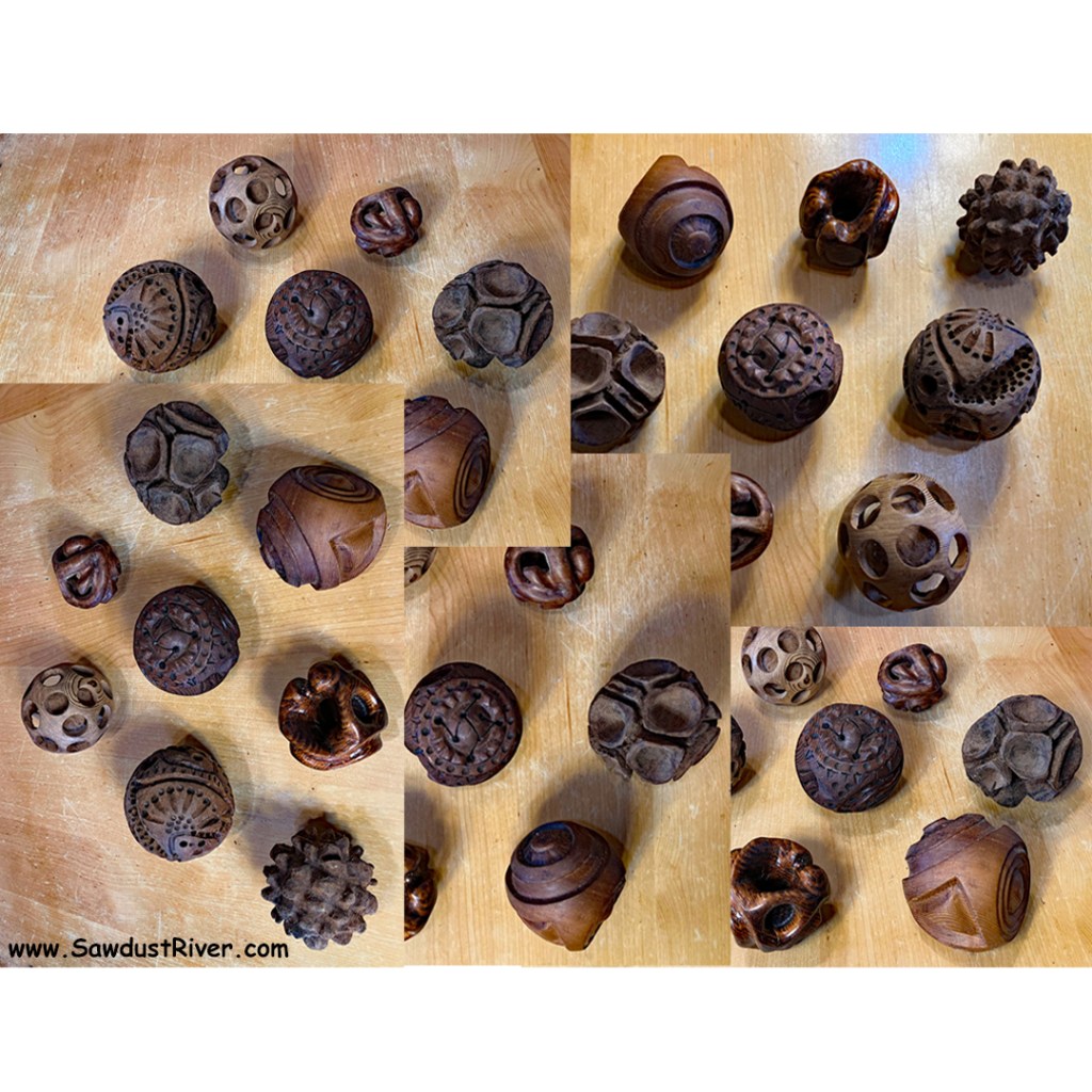 collection of round wood carvings, SawdustRiver.com