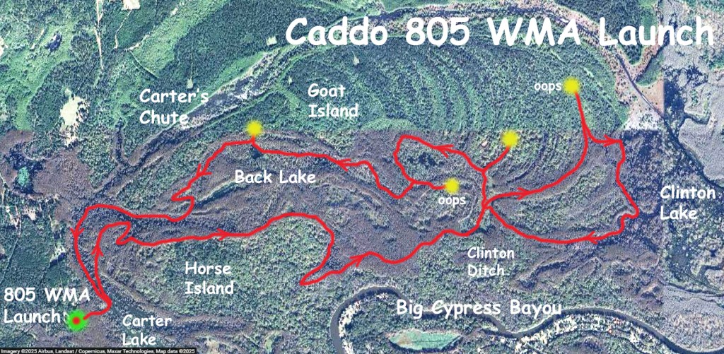 kayak map route trail Caddo, Uncertain, 805 WMA Launch www.SawdustRiver.com