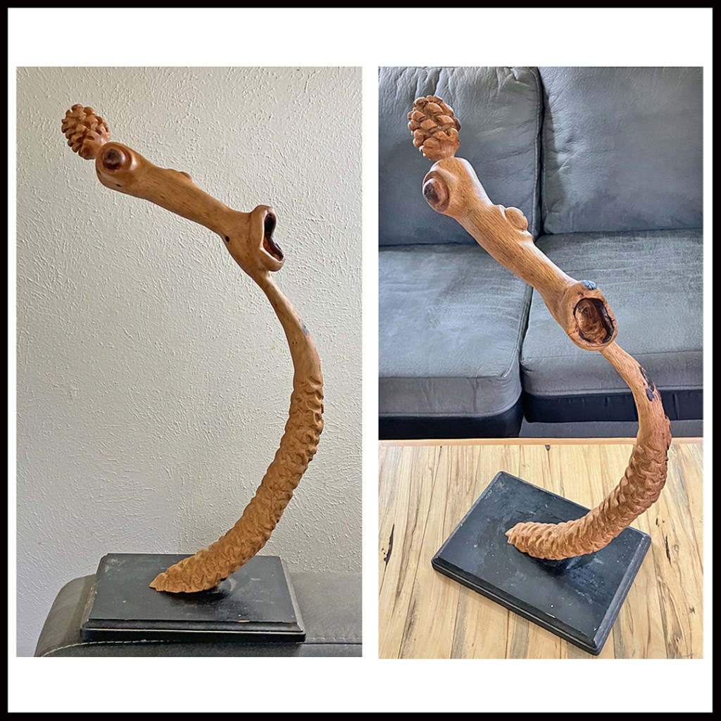 Googly-eyed wood sculpture cranes its neck and looks around in open-mouthed astonishment. A nut. www.SawdustRiver.com