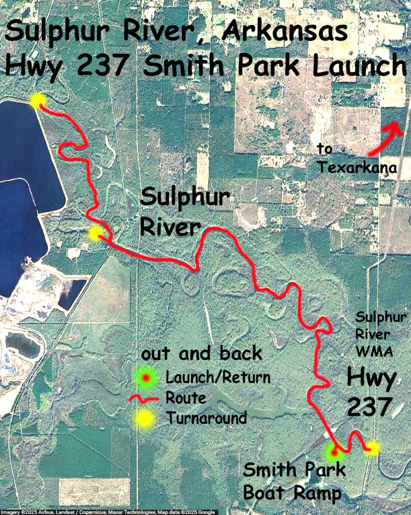 Kayak paddle map trail route Sulphur River, Texarkana Arkansas, Smith Park Boat Ramp
