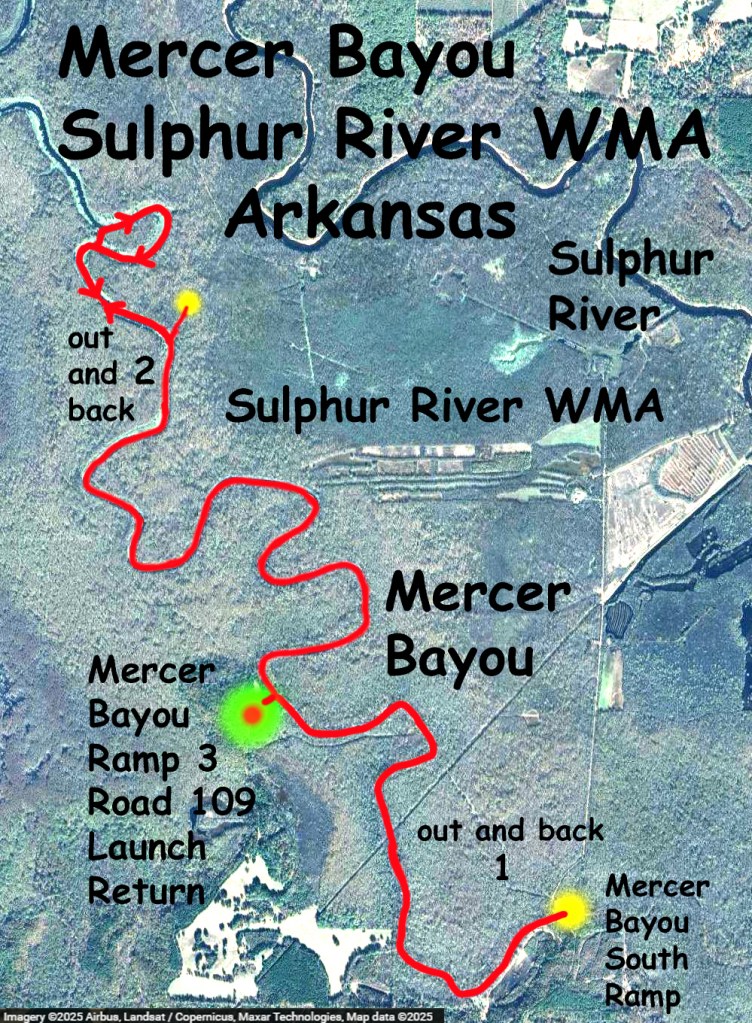 Kayak route trail map Mercer Bayou, Sulphur River WMA, Texarkana Arkansas