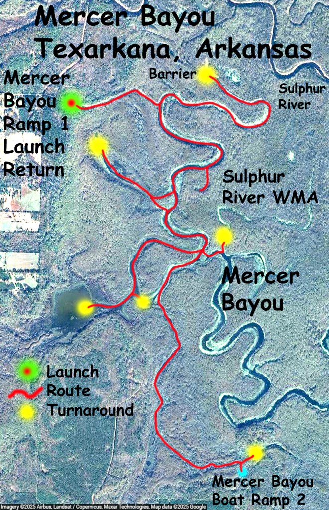 Mercer Bayou, Sulphur River WMA, Texarkana, Arkansas AR kayak paddle route trail map