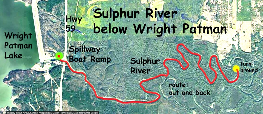 Kayak paddle route trail map, Sulphur River below Wright Patman, Hwy 59