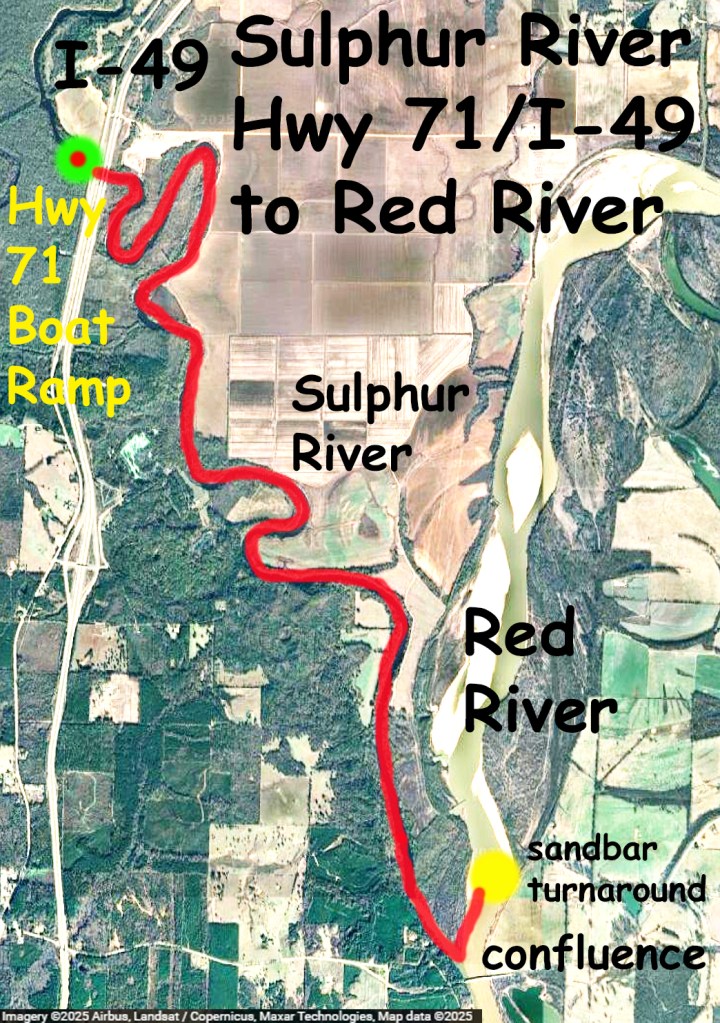Kayak trail map route, Sulphur River, Hwy 71 Ramp to Red River, AR