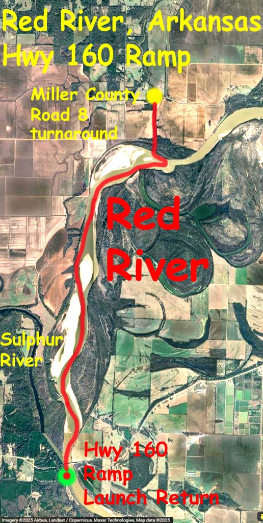 Kayak paddle trail route map, Red River,, Arkansas, Hwy 160 Ramp www.SawdustRiver.com