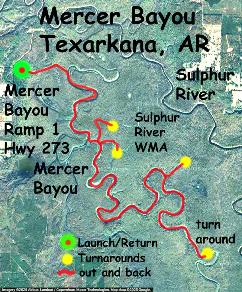Kayak paddle route trail map Mercer Bayou, Sulphur River WMA, Texarkana Arkansas