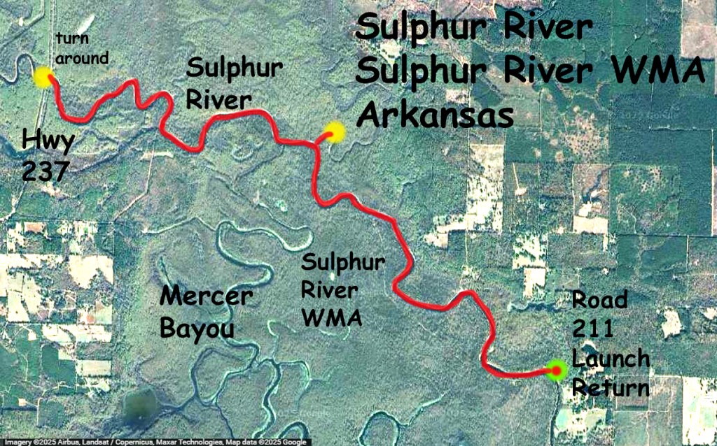 Kayak trail route map, Sulphur River WMA, Road 211 Launch, Texarkana Arkansas