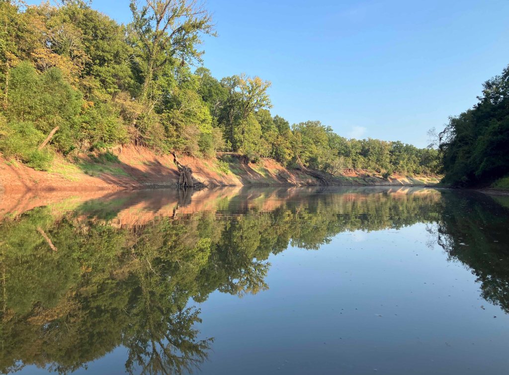 Kayak paddle scenery picture, Sulphur River, Arkansas, Hwy 71 I-49 Ramp upstream