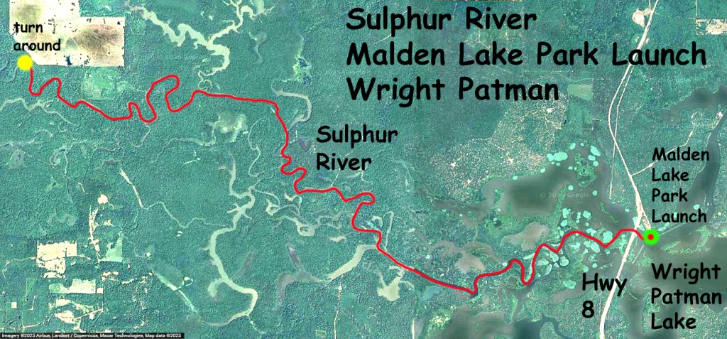 Kayak paddle route trail map Sulphur River, Malden Lake Park Launch, Wright Patman Lake, www.SawdustRiver.com