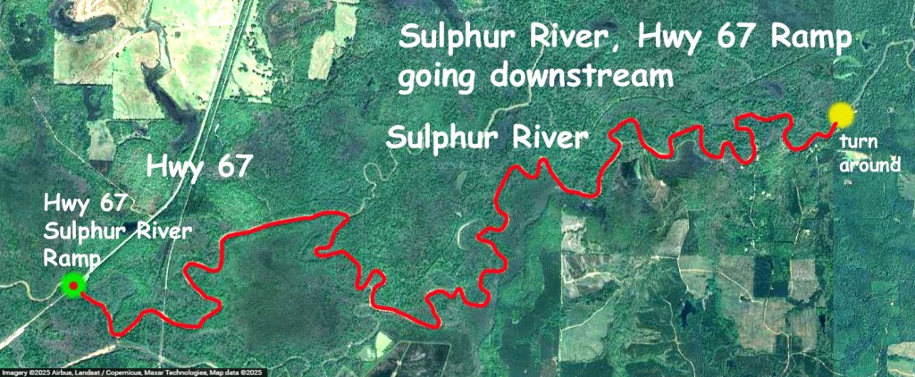 Kayak paddle trail route map Sulphur River, Hwy 67 Launch going downstream, above Wright Patman www.SawdustRiver.com