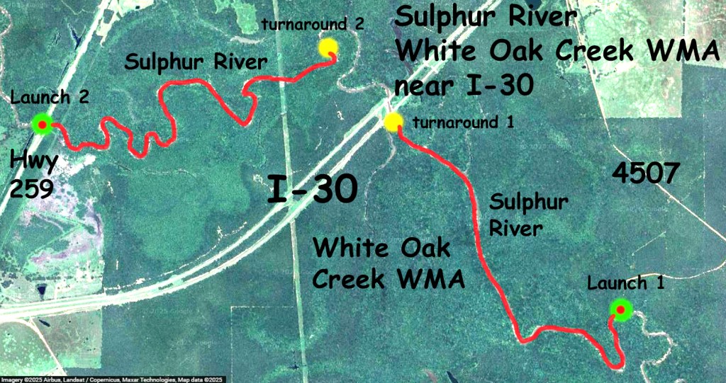 Kayak paddle route trail map, Sulphur River, White Oak Creek WMA, launches near I-30 www.SawdustRiver.com