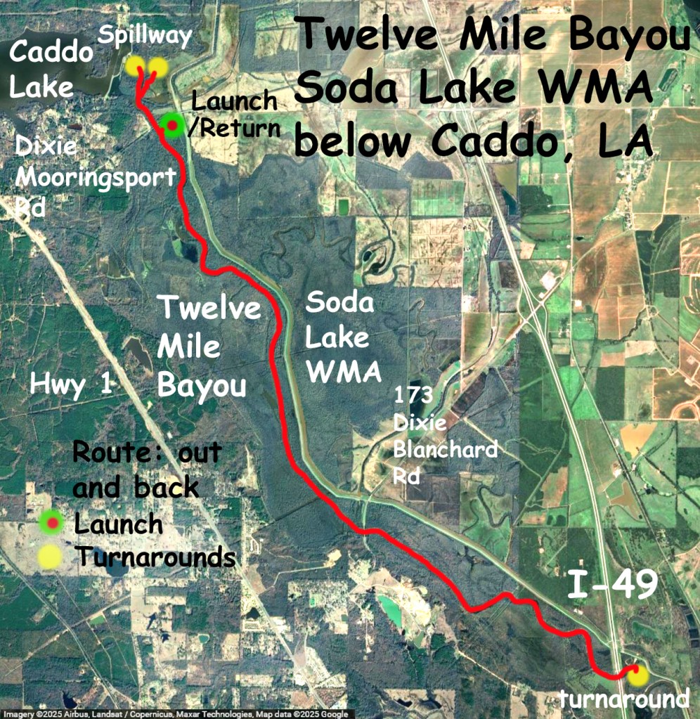 Kayak trail route map Twelve Mile Bayou, Soda Lake WMA, below Caddo, LA, www.SawdustRiver.com