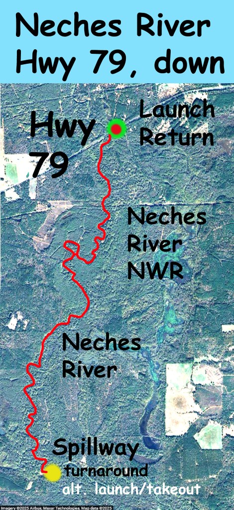 Kayak paddle route trail map Neches River, NWR, Hwy 79 Launch, going down, www.SawdustRiver.com