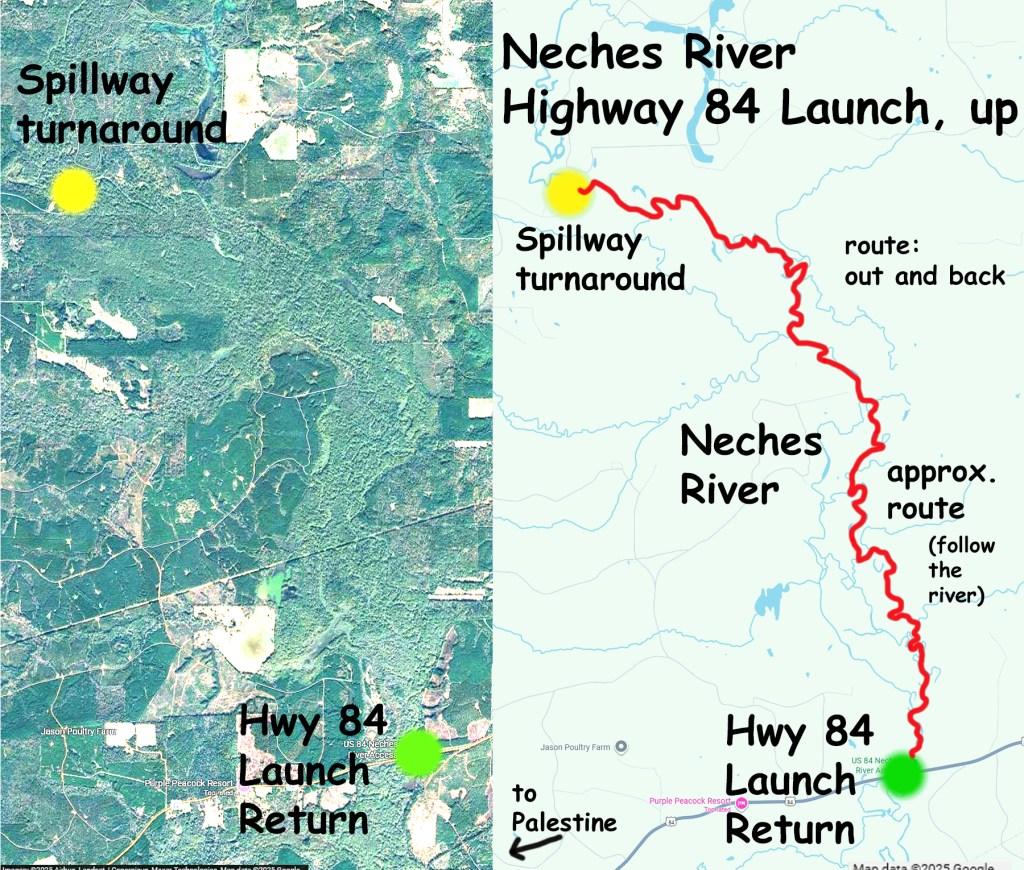 Kayak paddle route trail map Neches River, Hwy 84 Launch, near Palestine, going up, www.SawdustRiver.com