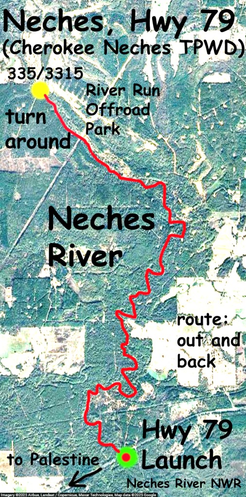 Kayak map trail route paddle Neches River, Hwy 79 Launch, going up, Cherokee Neches, www.SawdustRiver.com
