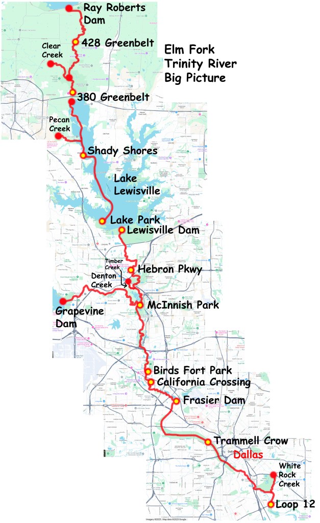 Elm Fork Trinity River Overview Big Picture Map of Kayak Route Trails section by section www.SawdustRiver.com