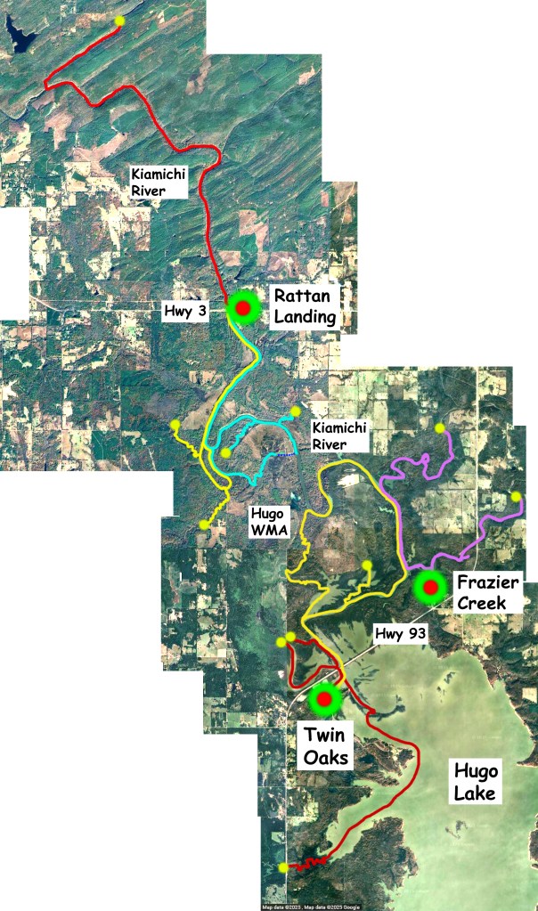 Overview of Kayak Paddle Route Trail Map of Kiamichi River, Hugo WMA, Hugo Lake area, Oklahoma www.SawdustRiver.com