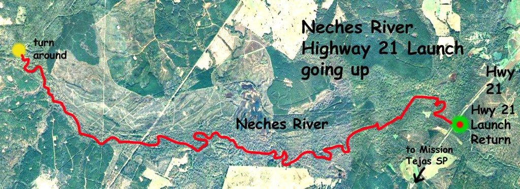 Kayak paddle route trail map Neches River, Hwy 21 Launch, going up, www.SawdustRiver.com