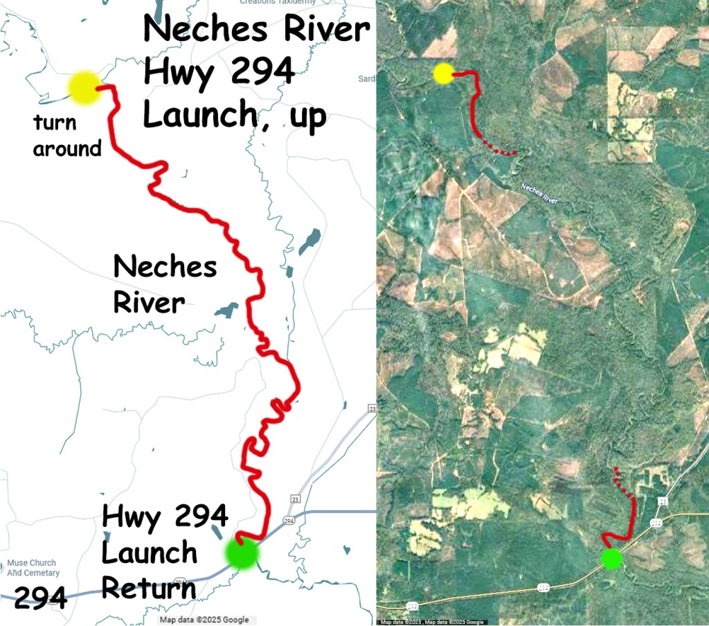 Kayak paddle route trail map Neches River, Hwy 294 Launch, going up, www.SawdustRiver.com