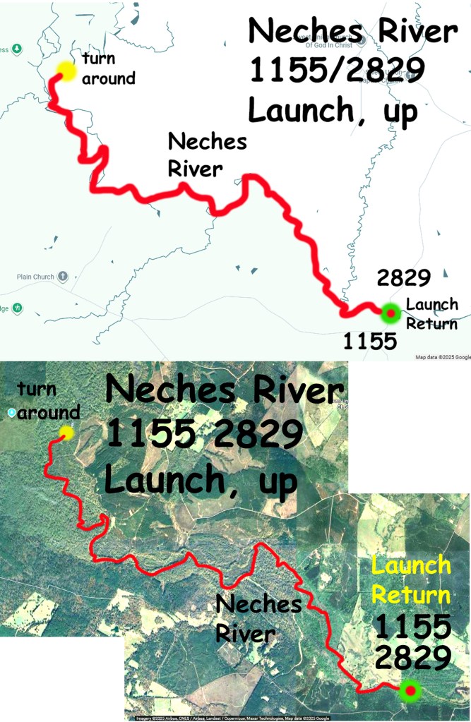 Kayak paddle route trail map Neches River, CR 1155 2829 Launch, going up, www.SawdustRiver.com